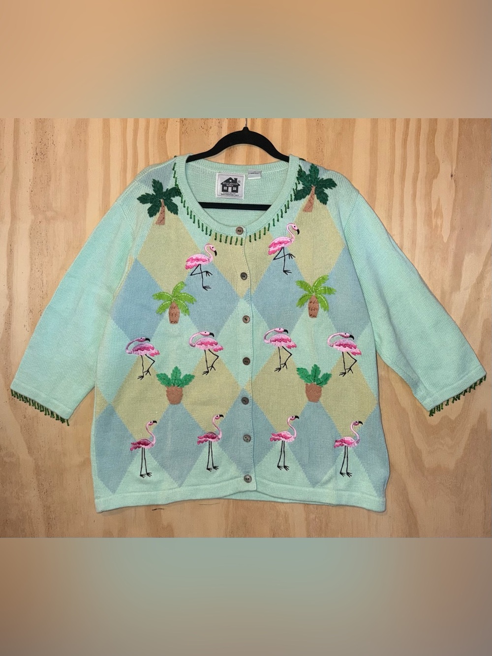 NWT Vintage 1X Storybook Knits Flamingo Beach Palm Cardigan Sweater Green 90s